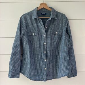 Chambray White Polka Dot Button Down Shirt 100% Cotton Women's Medium